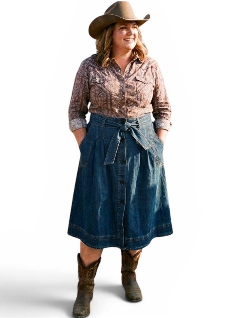 ELOQUII Denim Button-Front Midi Skirt with Belt Plus Size 18